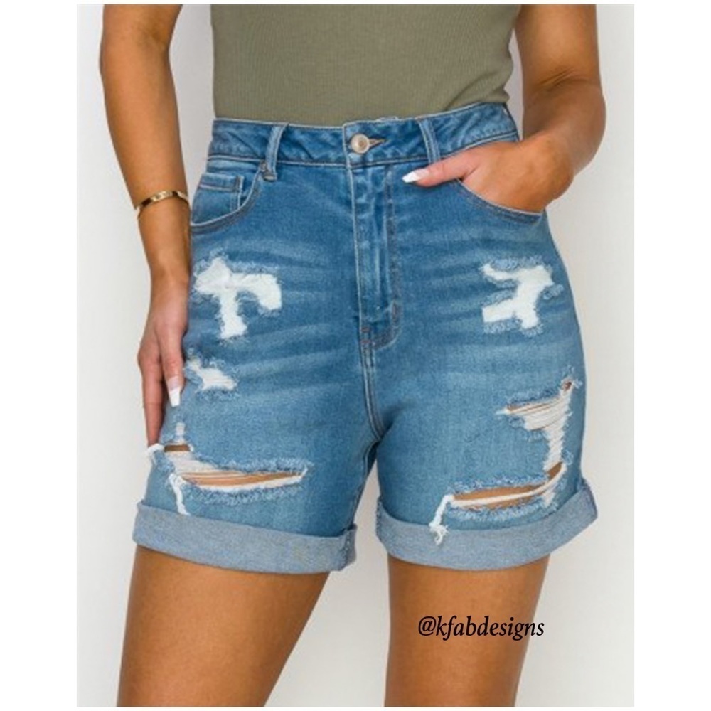 Soft, Stretchy Hi Rise Relaxed Fit Distressed Mom Shorts with Cuffs! - Picture 2 of 5